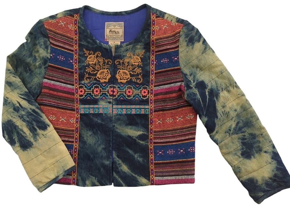 Billy by FLYING TOMATO Jacket Womens South West Acid Wash Boho Embroidered sze M